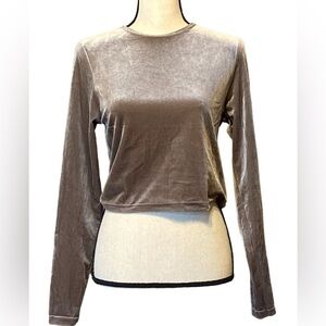 Velvet Long-Sleeve Cropped Top - Taupe
